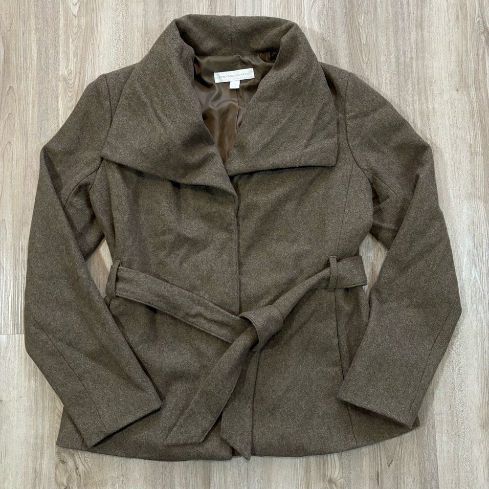 New York & Company Women's‎ Size Medium Wool Blend Coat Belted Overcoat Brown